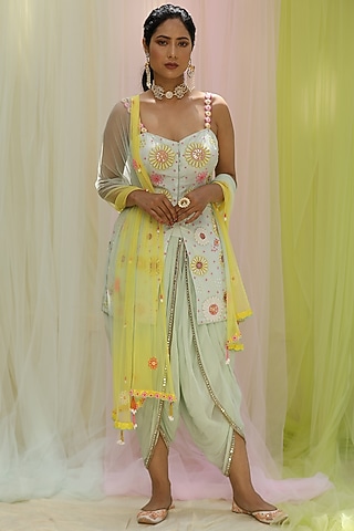 Mint Green Upada & Georgette Dhoti Set by Nikita