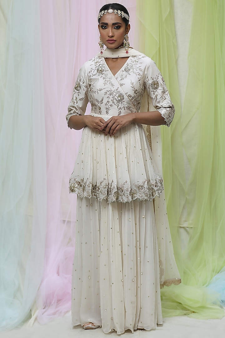 Ivory Raw Silk & Georgette Sharara Set by Nikita at Pernia's Pop Up Shop