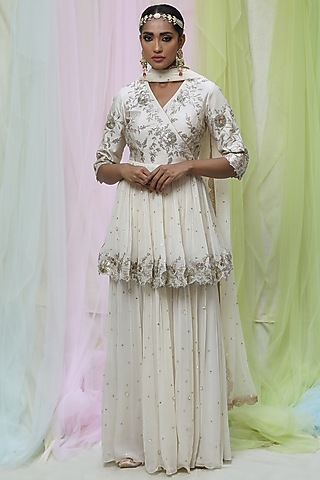 Ivory Raw Silk & Georgette Sharara Set by Nikita