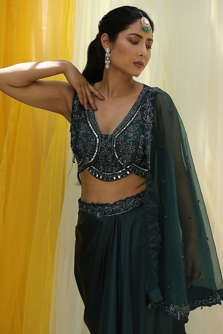 Emerald Green Upada Draped Skirt Set by Nikita at Pernia's Pop Up Shop