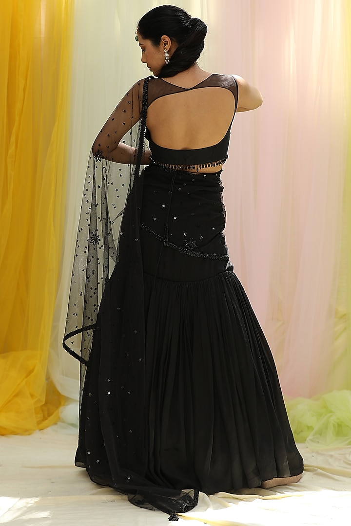 Black Upada & Georgette Draped Skirt Wedding Saree Set by Nikita at Pernia's Pop Up Shop