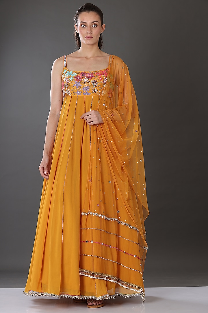 Mustard Embroidered Anarkali Set by Nikita