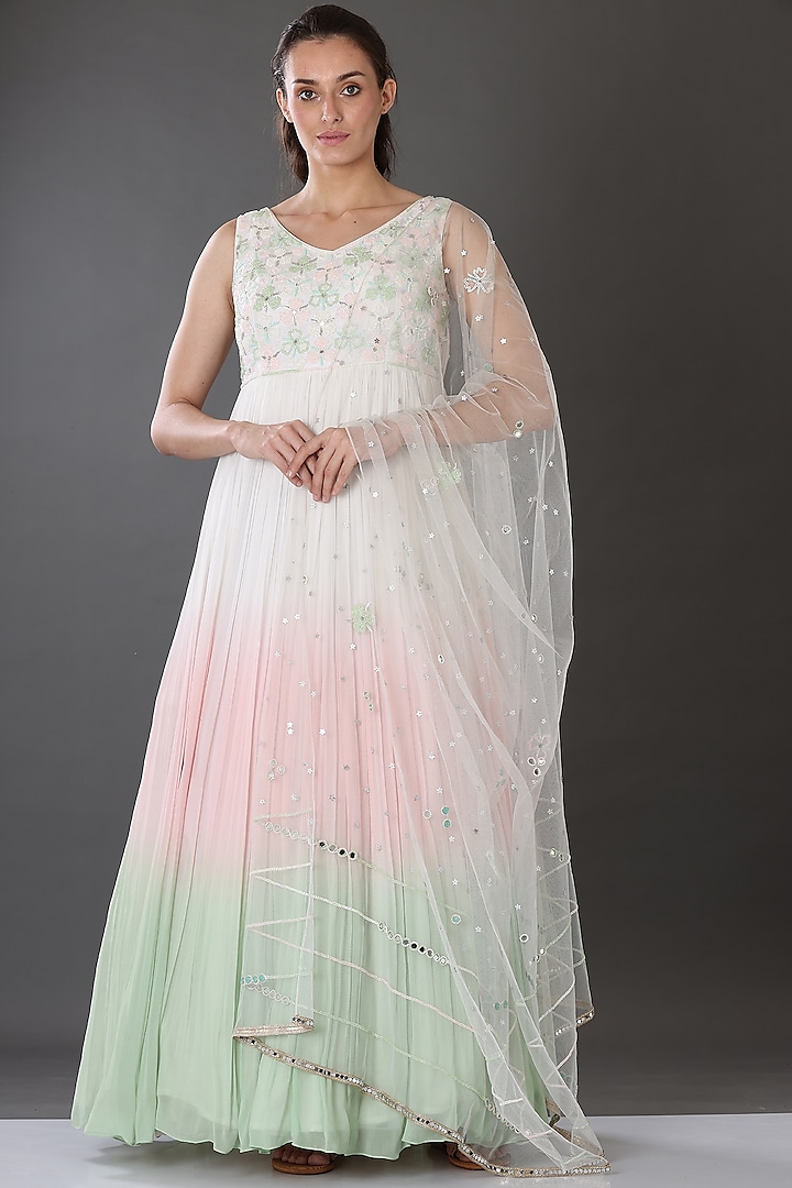 Ivory Ombre Embroidered Anarkali Set by Nikita