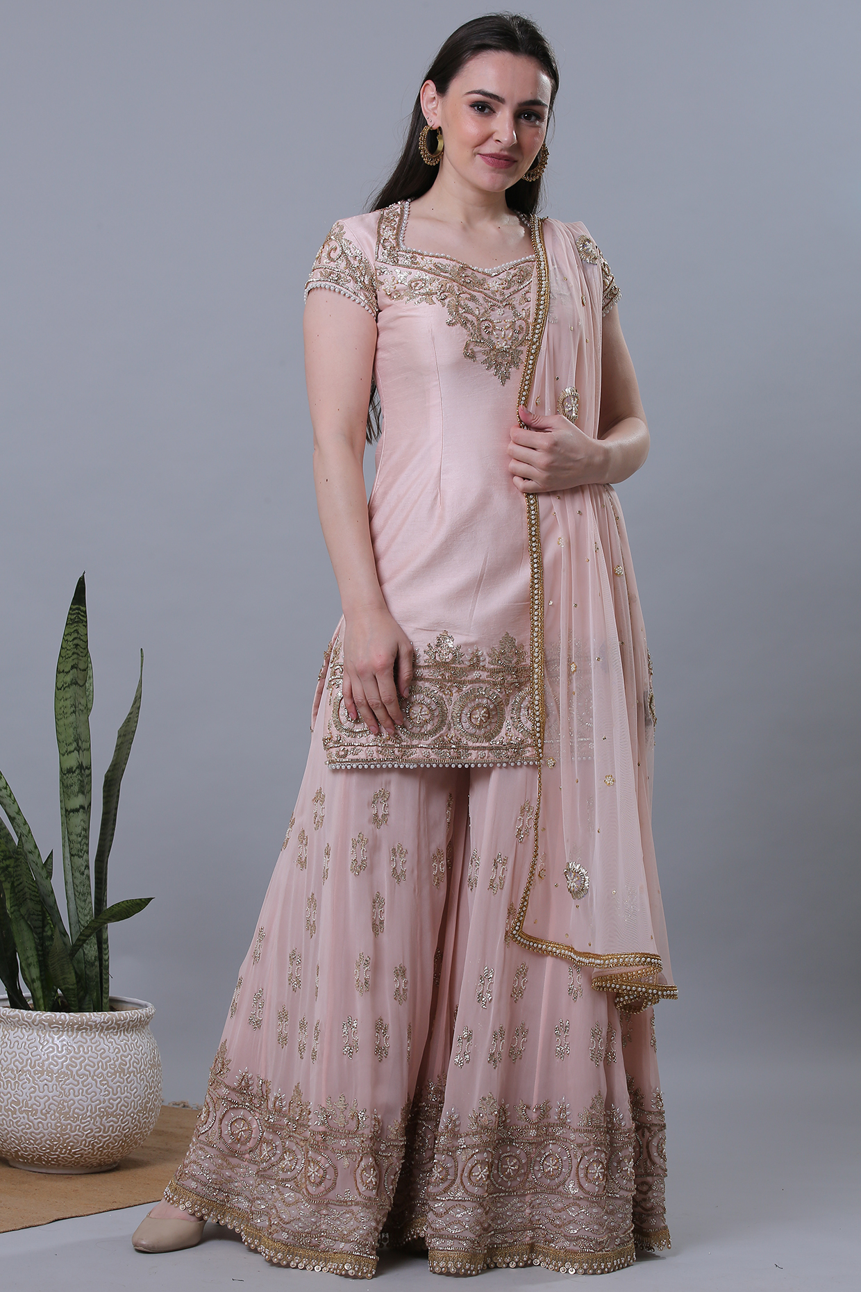 Baby Pink Embroidered Sharara Set by Nikita