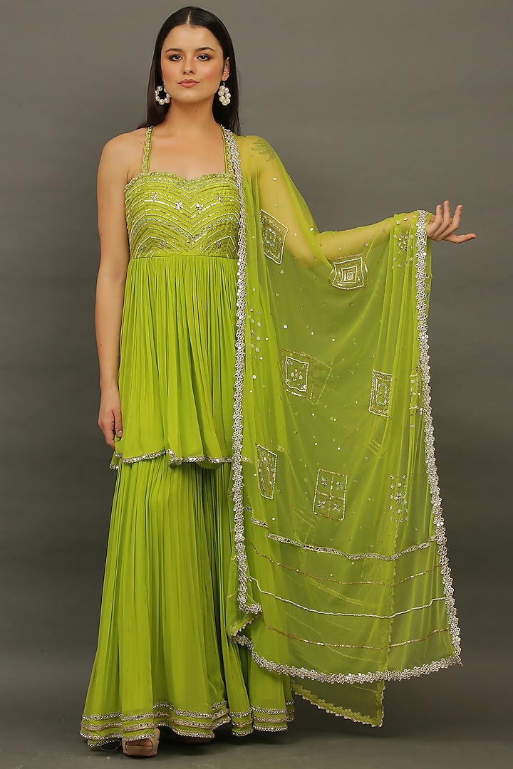 Parrot Green Silk Sharara Set by Nikita