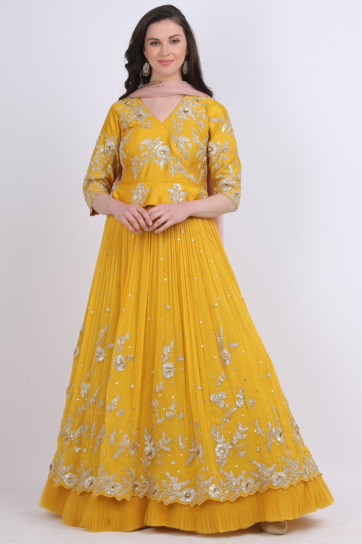 Mustard Peplum Anarkali Set With Embroidery by Nikita