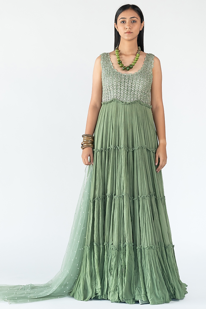 Green Mesh & Georgette Tiered Gown by Nikita Vishakha