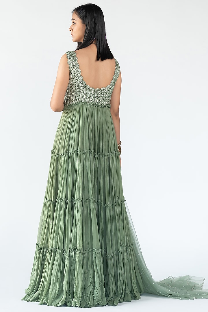 Green Mesh & Georgette Tiered Engagement Gown by Nikita Vishakha at Pernia's Pop Up Shop