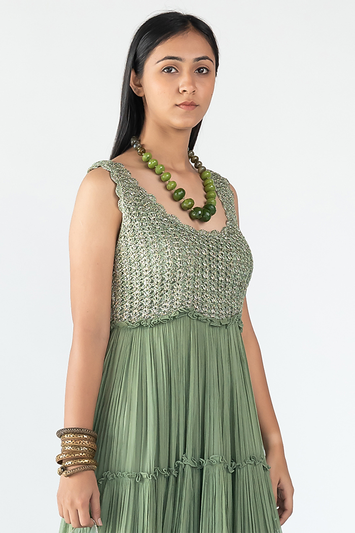Green Mesh & Georgette Tiered Engagement Gown by Nikita Vishakha at Pernia's Pop Up Shop