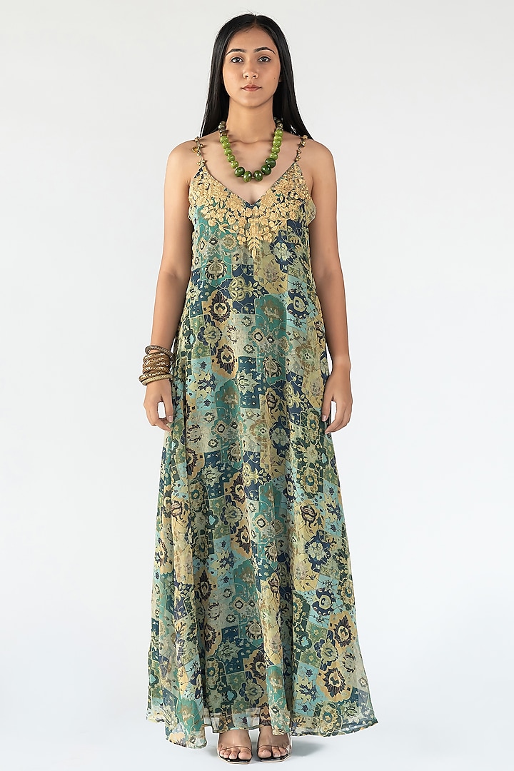 Green Printed & Embroidered Dress by Nikita Vishakha at Pernia's Pop Up Shop