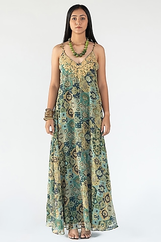 Green Printed & Embroidered Dress by Nikita Vishakha