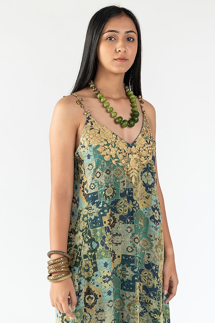 Green Printed & Embroidered Vacation Dress by Nikita Vishakha at Pernia's Pop Up Shop