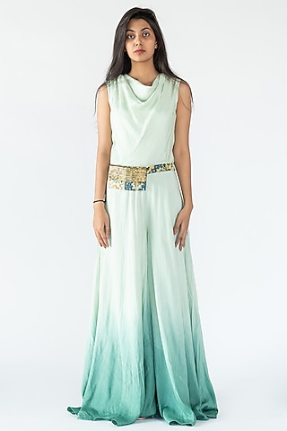 Green Ombre Raw Silk Jumpsuit by Nikita Vishakha