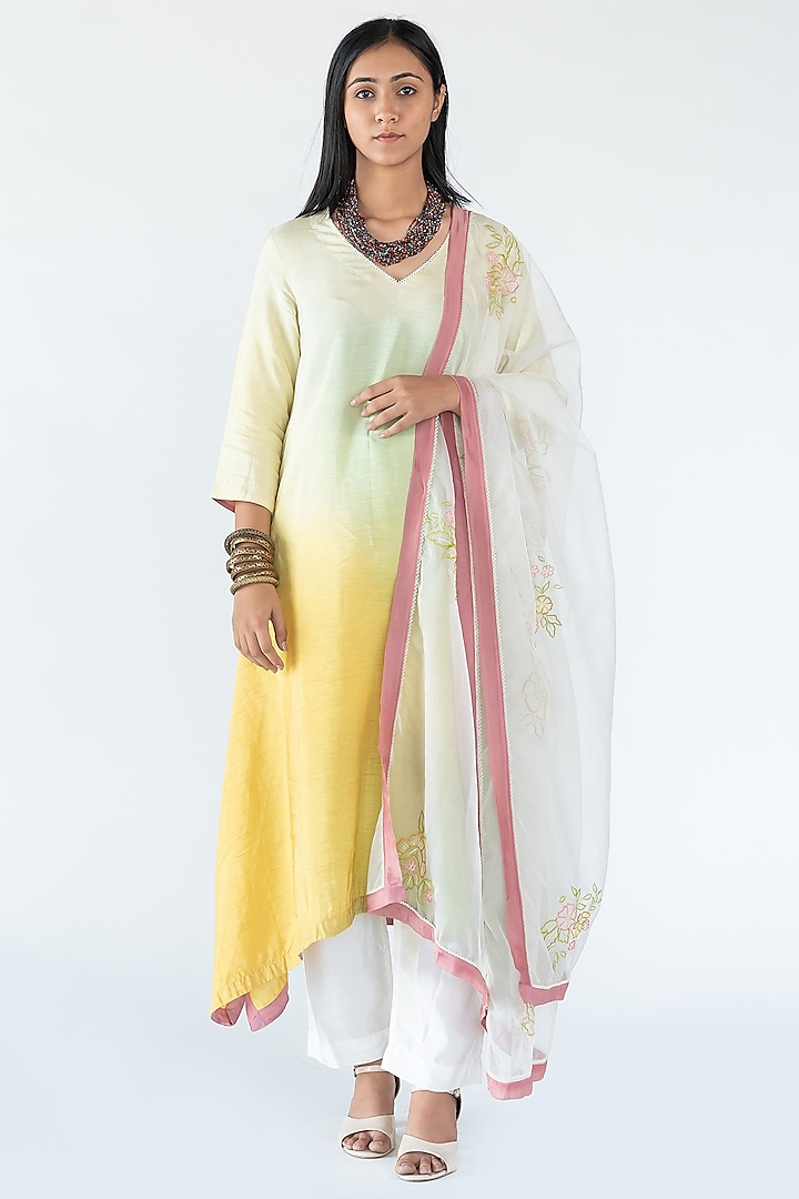 Green & Yellow Raw Silk Kurta Set by Nikita Vishakha