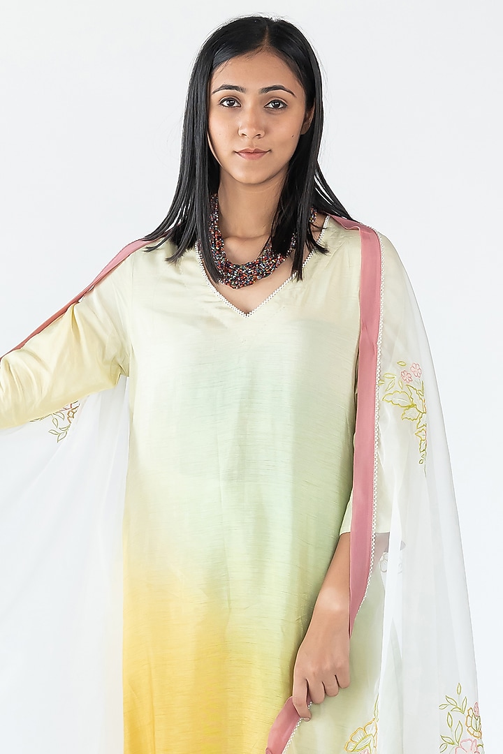 Green & Yellow Raw Silk Kurta Set by Nikita Vishakha at Pernia's Pop Up Shop