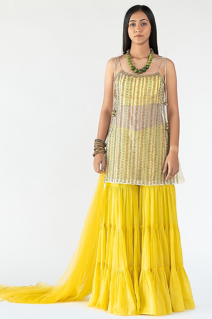 Yellow Gaji Silk Sharara Set by Nikita Vishakha at Pernia's Pop Up Shop