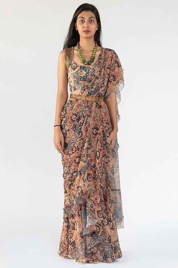 Rust Printed Draped Ruffled Saree Set by Nikita Vishakha