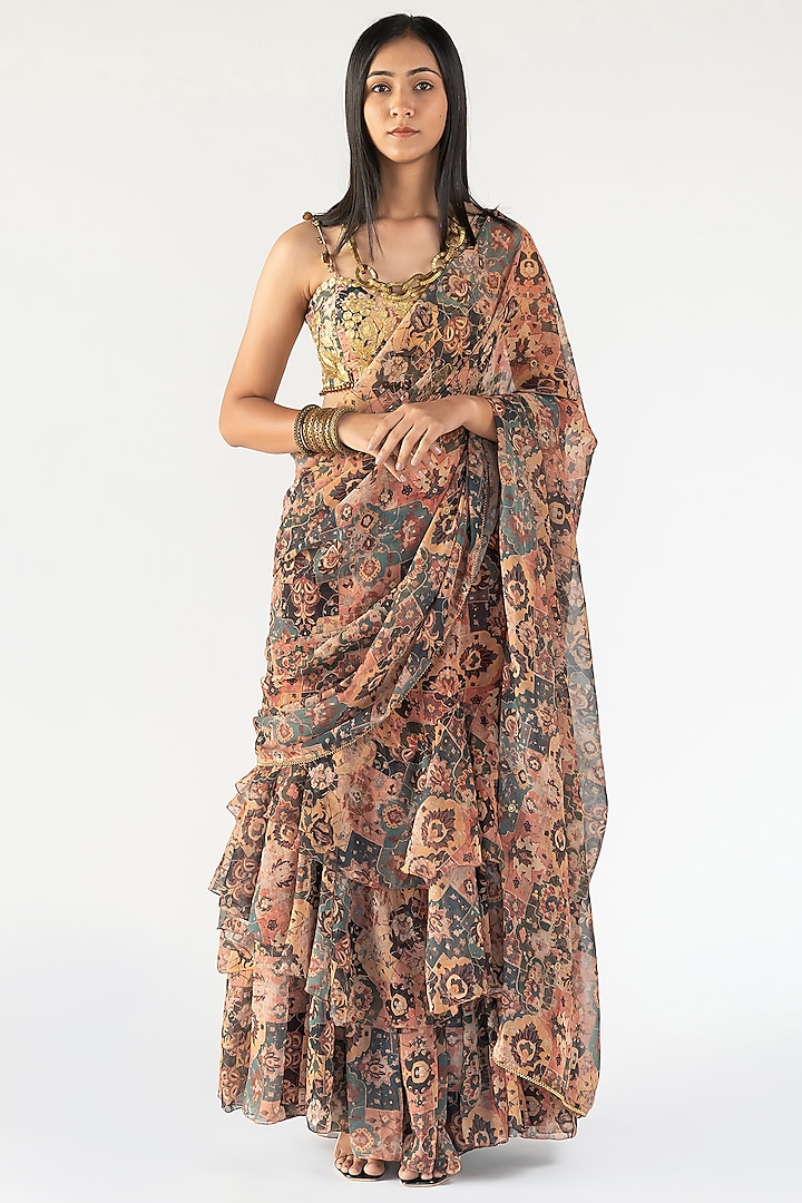 Rust Georgette Tiered Skirt Saree Set by Nikita Vishakha