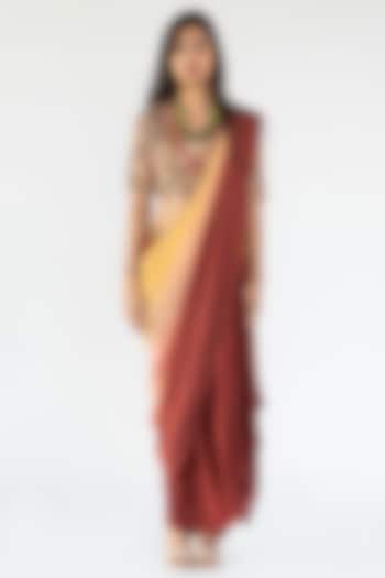 Rust Ombre Crepe Cowl Skirt Saree Set by Nikita Vishakha