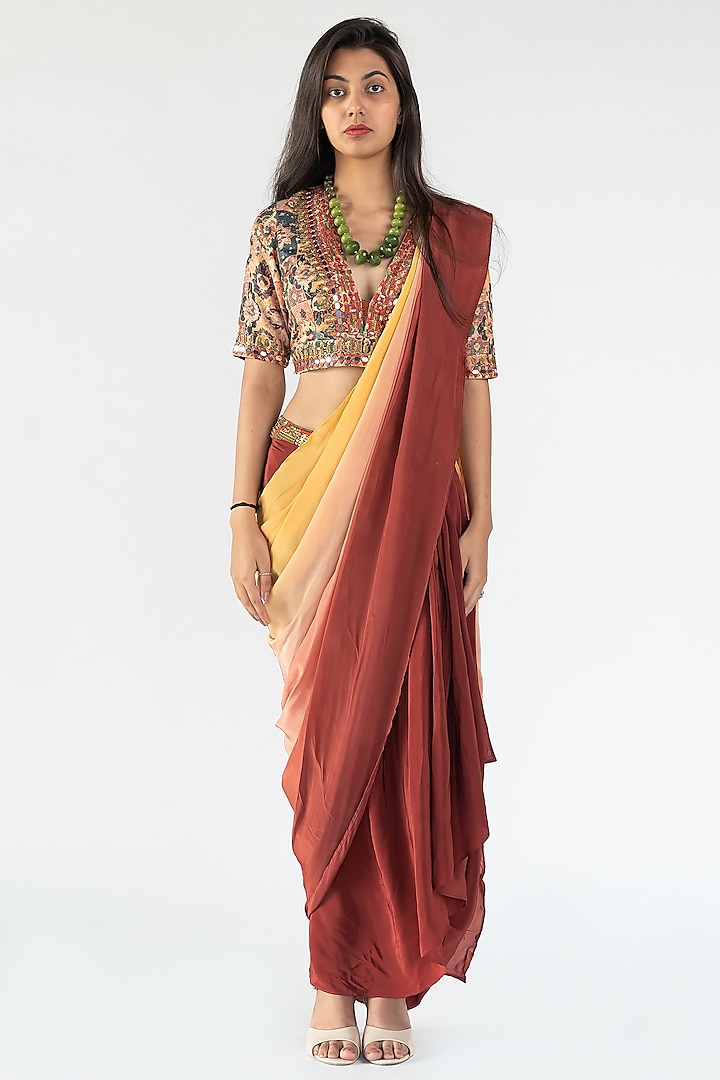 Rust Ombre Crepe Cowl Skirt Saree Set by Nikita Vishakha