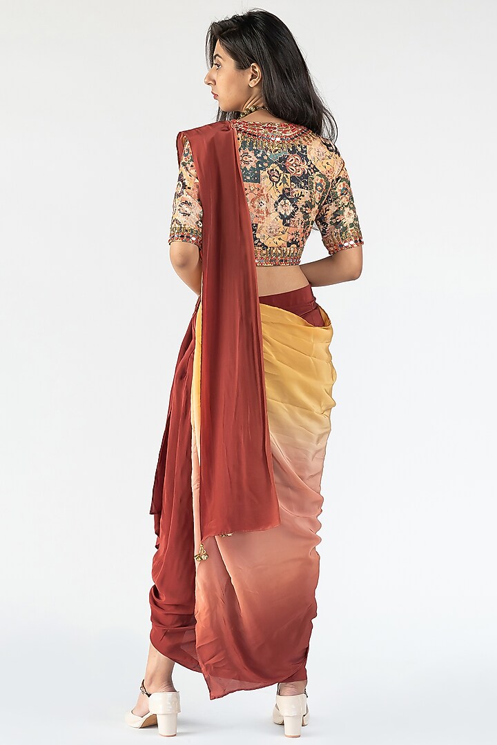 Rust Ombre Crepe Cowl Skirt Wedding Saree Set by Nikita Vishakha at Pernia's Pop Up Shop