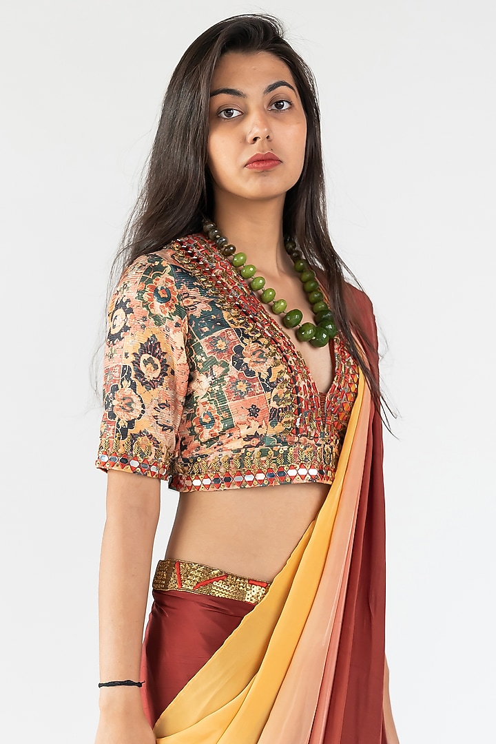 Rust Ombre Crepe Cowl Skirt Wedding Saree Set by Nikita Vishakha at Pernia's Pop Up Shop