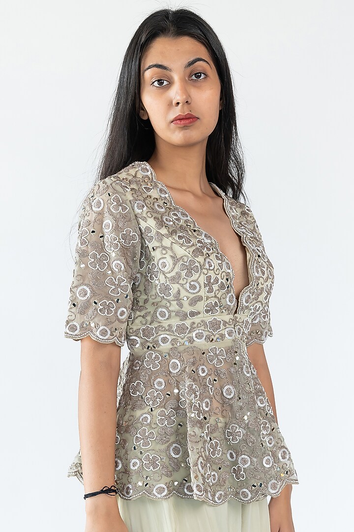 Light Olive Organza Gharara Set by Nikita Vishakha at Pernia's Pop Up Shop