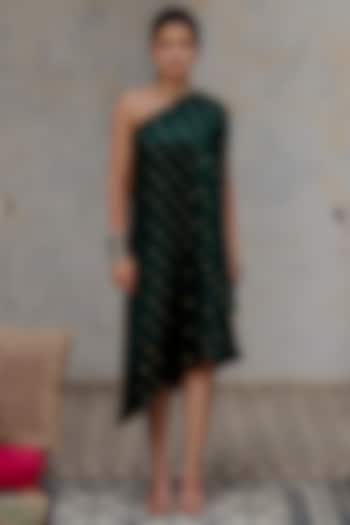Bottle Green Banarasi Off-Shoulder Dress by Nikita Vishakha