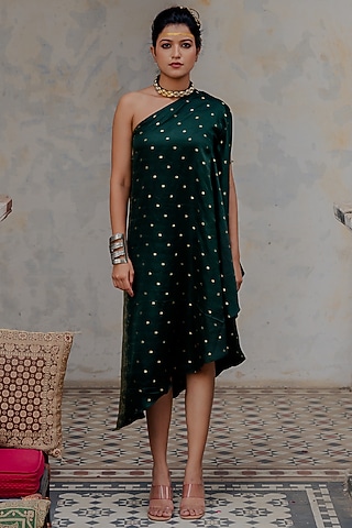 Bottle Green Banarasi Off-Shoulder Dress by Nikita Vishakha