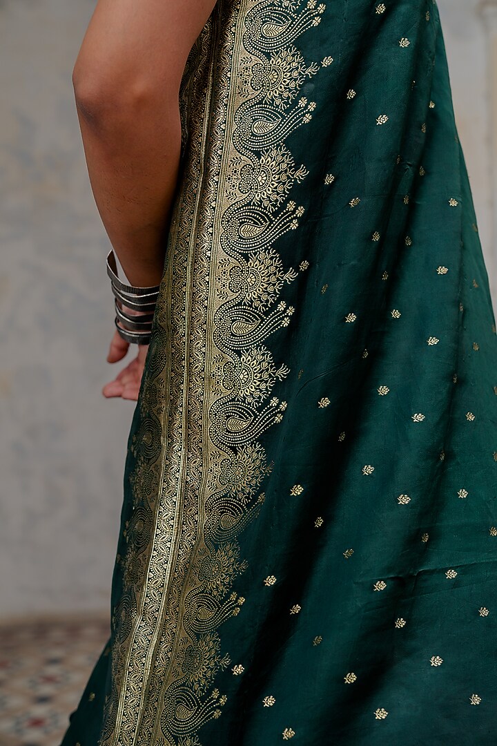 Bottle Green Banarasi Off-Shoulder Vacation Dress by Nikita Vishakha at Pernia's Pop Up Shop