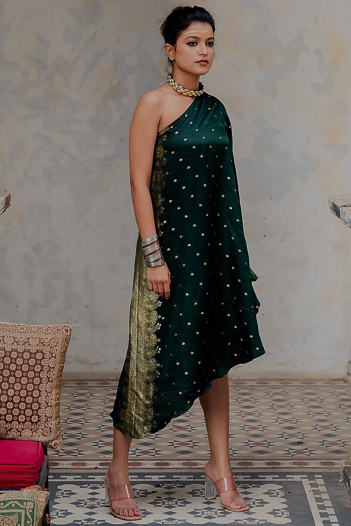 Bottle Green Banarasi Off-Shoulder Vacation Dress by Nikita Vishakha at Pernia's Pop Up Shop