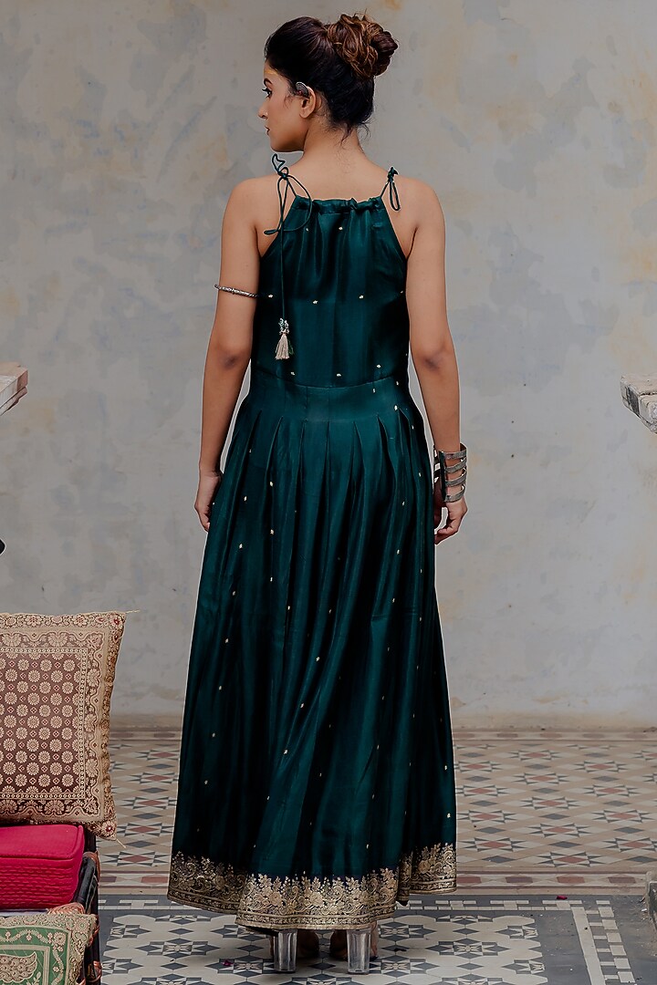 Bottle Green Banarasi Embroidered Halter Vacation Dress by Nikita Vishakha at Pernia's Pop Up Shop