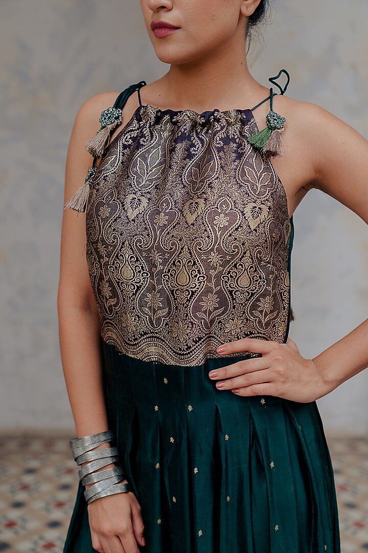 Bottle Green Banarasi Embroidered Halter Vacation Dress by Nikita Vishakha at Pernia's Pop Up Shop