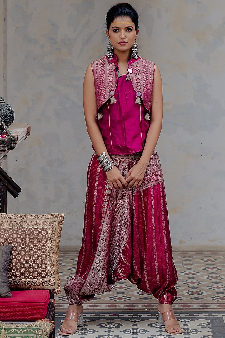 Rani Pink Banarasi Embroidered Dhoti Set by Nikita Vishakha