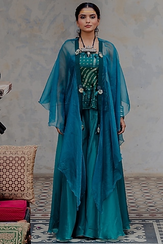 Turquoise & Bottle Green Organza Sharara Set by Nikita Vishakha