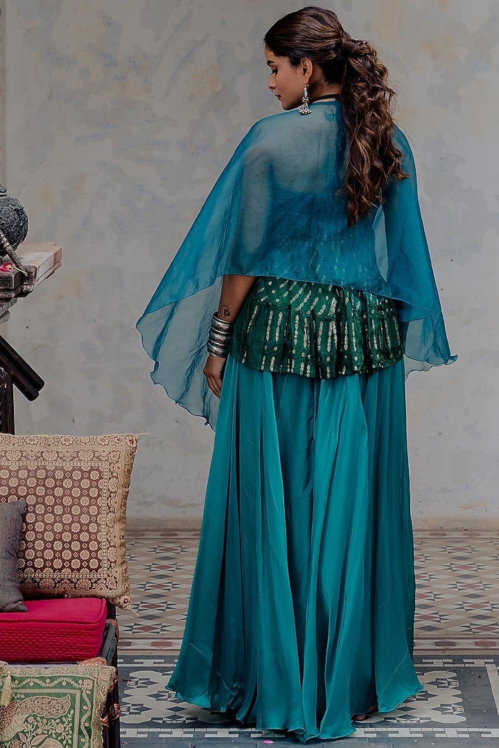 Turquoise & Bottle Green Organza Party Wear Sharara Set by Nikita Vishakha at Pernia's Pop Up Shop