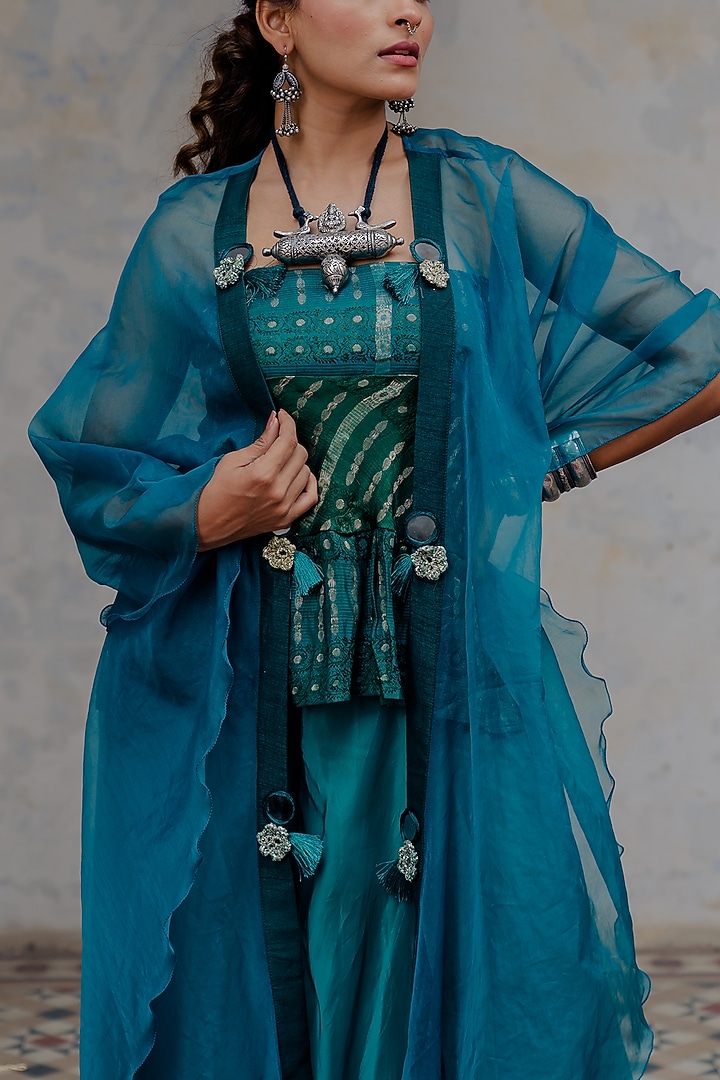 Turquoise & Bottle Green Organza Party Wear Sharara Set by Nikita Vishakha at Pernia's Pop Up Shop