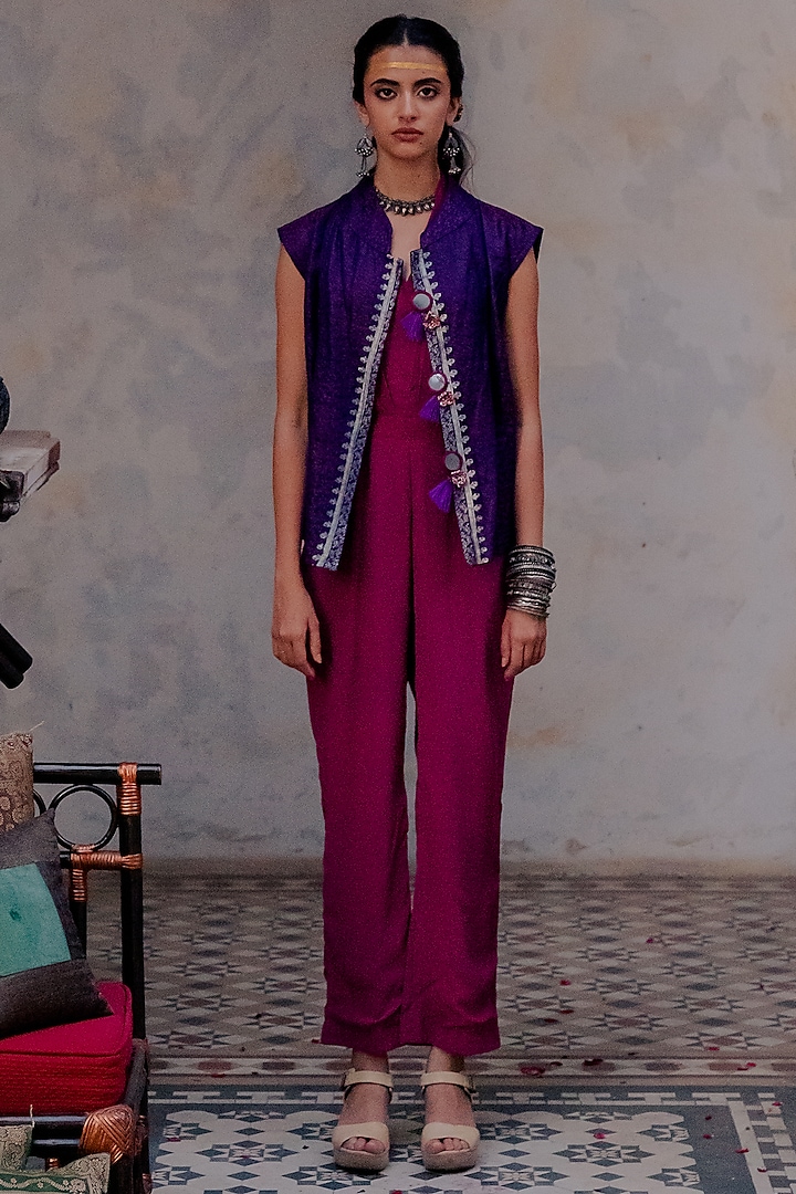 Purple Banarasi Embroidered Jacket With Jumpsuit by Nikita Vishakha
