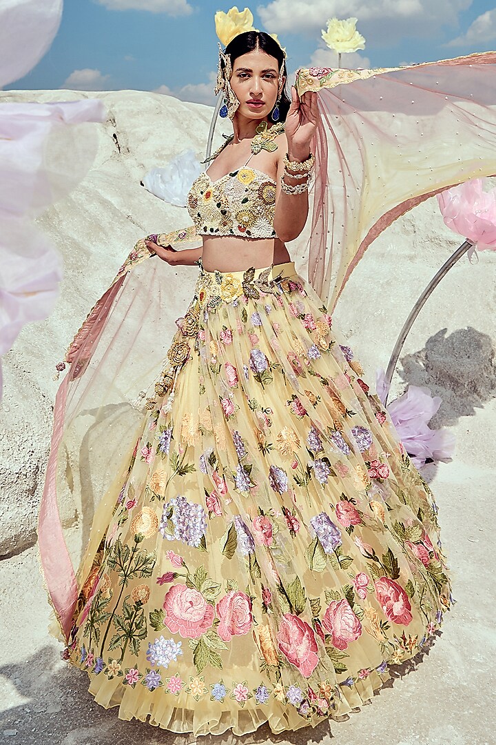 Pastel Yellow Raw Silk & Net Embroidered Wedding Lehenga Set by Nikita Vishakha at Pernia's Pop Up Shop