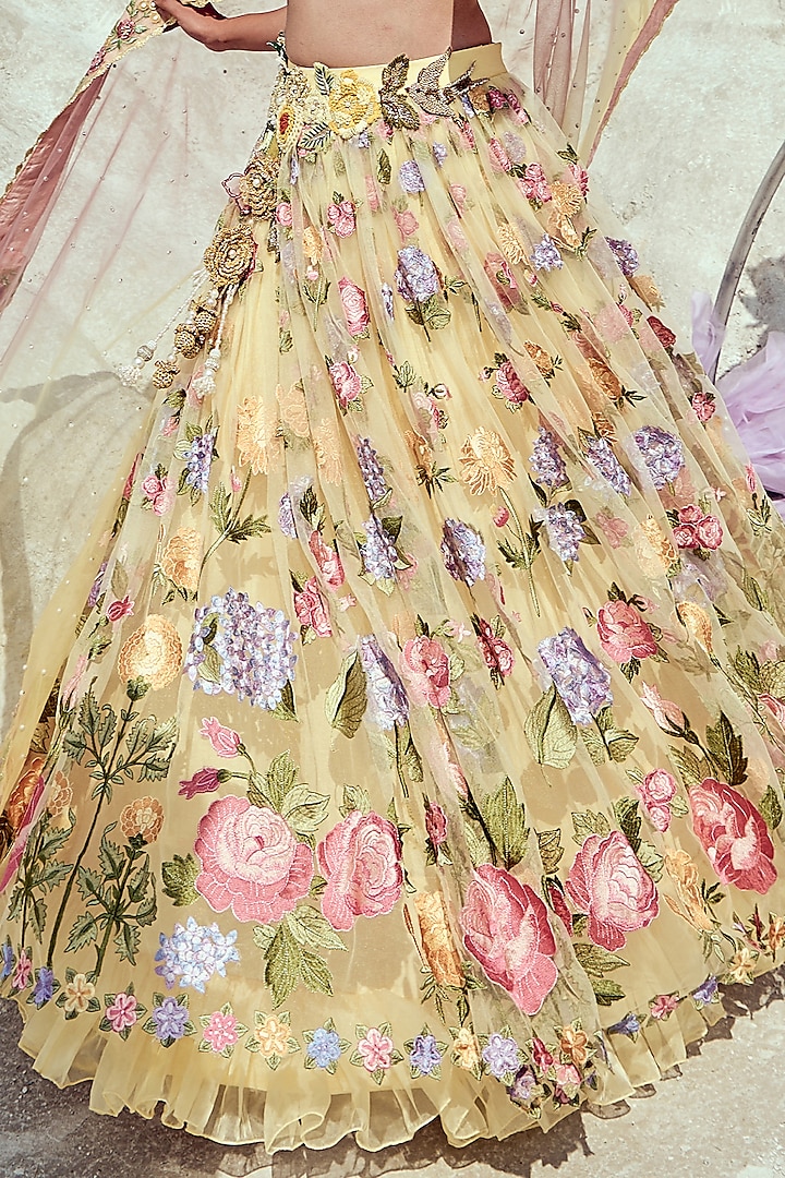 Pastel Yellow Raw Silk & Net Embroidered Wedding Lehenga Set by Nikita Vishakha at Pernia's Pop Up Shop