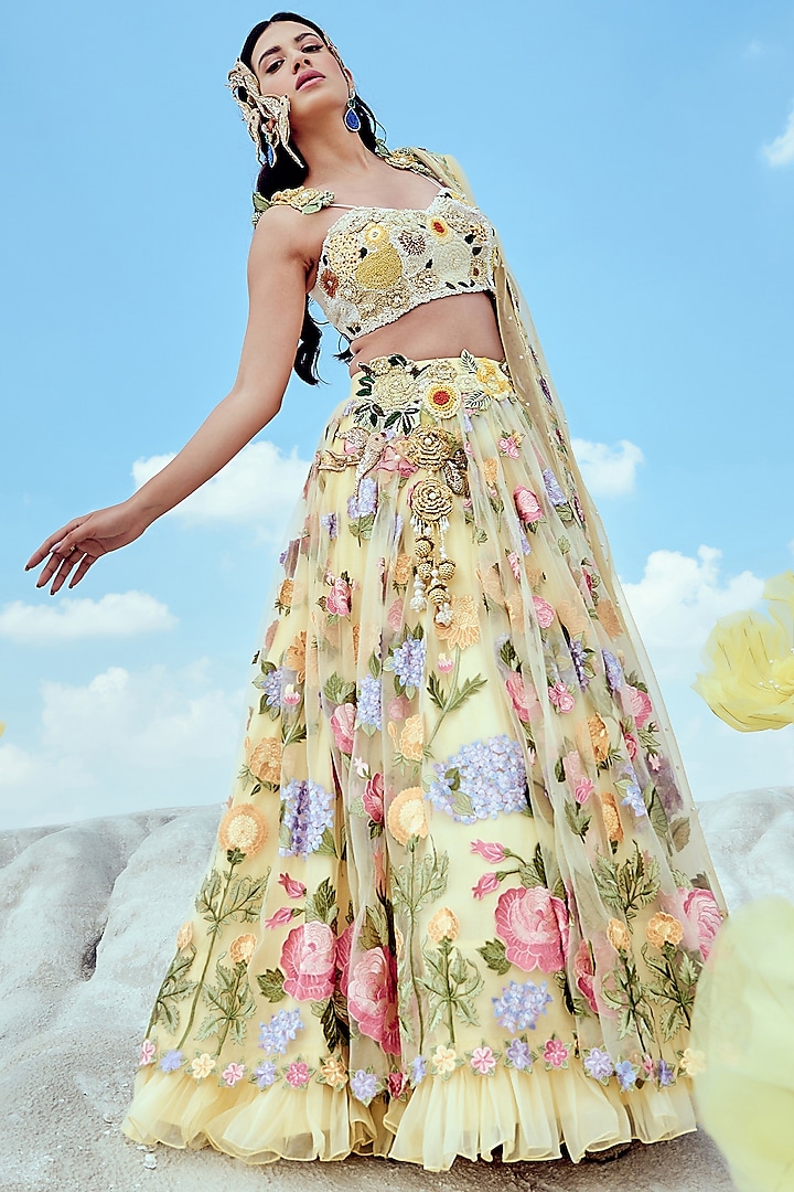 Pastel Yellow Raw Silk & Net Embroidered Wedding Lehenga Set by Nikita Vishakha at Pernia's Pop Up Shop