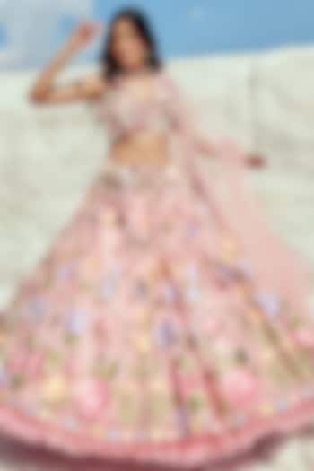 Pastel Pink Net & Jacquard Embroidered Wedding Lehenga Set by Nikita Vishakha at Pernia's Pop Up Shop