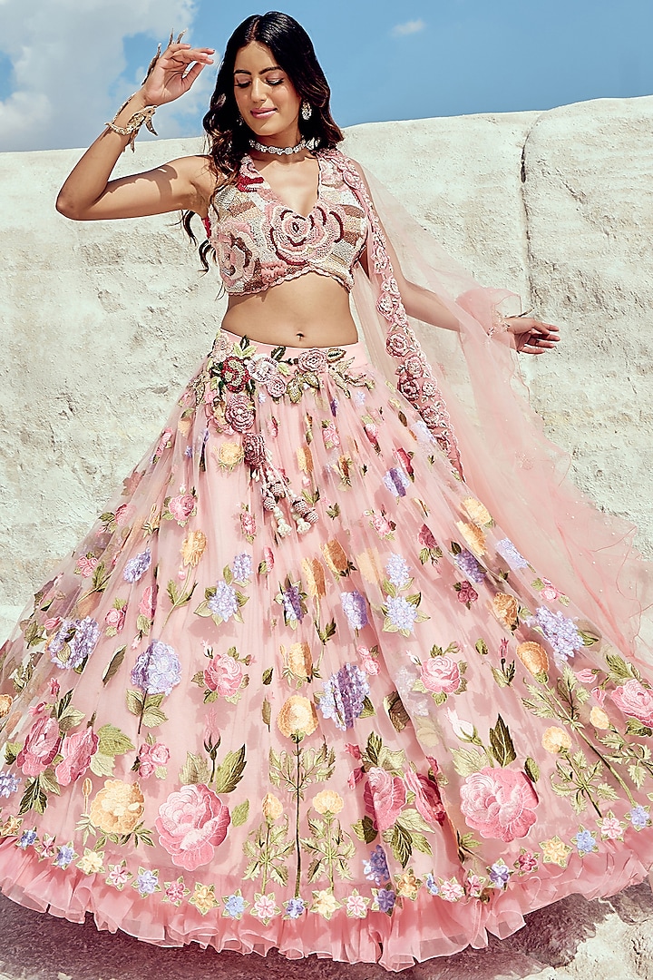 Pastel Pink Net & Jacquard Embroidered Wedding Lehenga Set by Nikita Vishakha at Pernia's Pop Up Shop