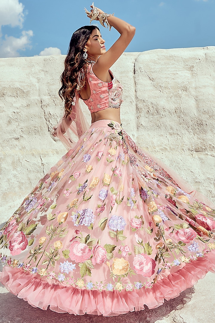Pastel Pink Net & Jacquard Embroidered Wedding Lehenga Set by Nikita Vishakha at Pernia's Pop Up Shop