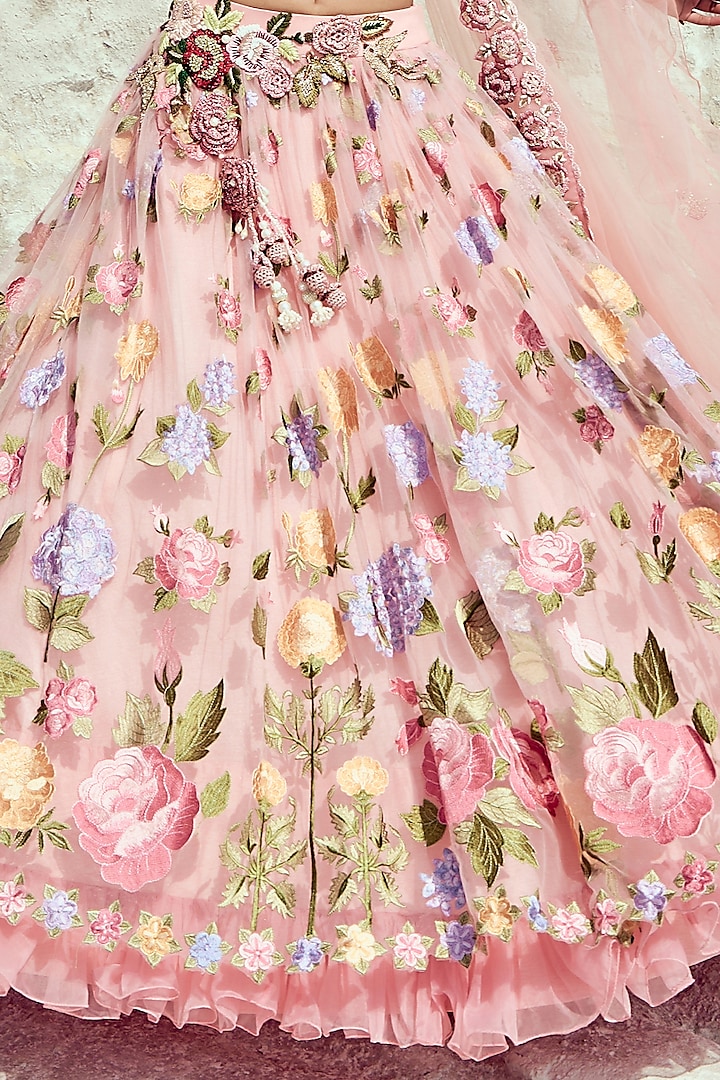 Pastel Pink Net & Jacquard Embroidered Wedding Lehenga Set by Nikita Vishakha at Pernia's Pop Up Shop