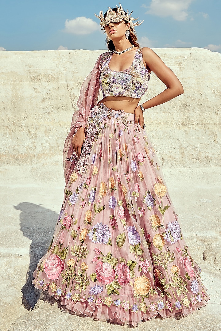 Pastel Lilac Organza & Jacquard Embroidered Wedding Lehenga Set by Nikita Vishakha at Pernia's Pop Up Shop