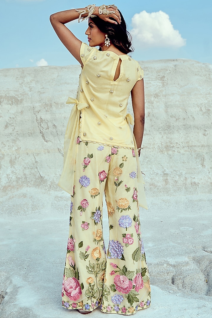 Yellow Net & Silk Organza Embroidered Pant Set by Nikita Vishakha at Pernia's Pop Up Shop