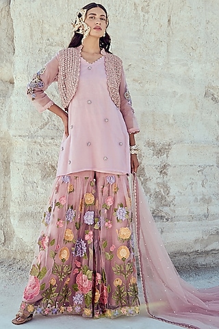 Lilac Net & Silk Organza Embroidered Sharara Set by Nikita Vishakha
