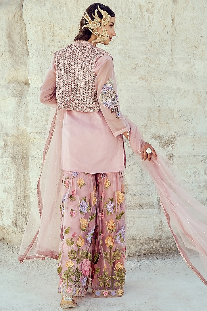 Lilac Net & Silk Organza Embroidered Wedding Sharara Set by Nikita Vishakha at Pernia's Pop Up Shop