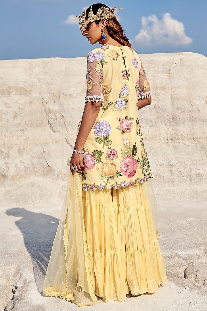 Yellow Net & Organza Hand Pleated Wedding Sharara Set by Nikita Vishakha at Pernia's Pop Up Shop